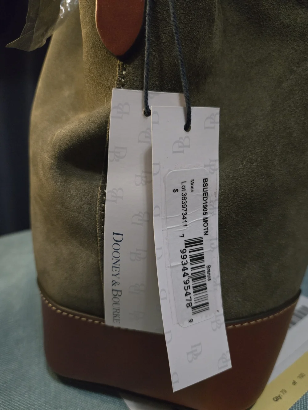 NWT. Beautiful Dooney & Bourke Moss Suede BARLOW with Brown Leather Trim - Picture 12 of 12